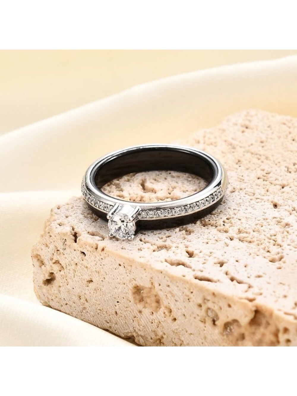 Stylish 6mm White & Black Ceramic Engagement Wedding Band with Zirconia, Sizes - Picture 5 of 6